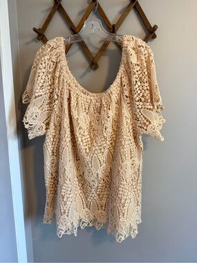 ADIVA Crochet Floral Lace Flutter Sleeve Beige Cream Blouse 3X